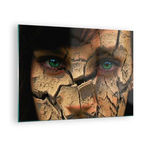 Schilderen op glas - Een vrouwengezicht met een gebarsten aarde-effect - 70x50cm - Verrukking en verschrikking tegelijk - Moderne wanddecoratie voor woonkamer en slaapkamer ARTTOR