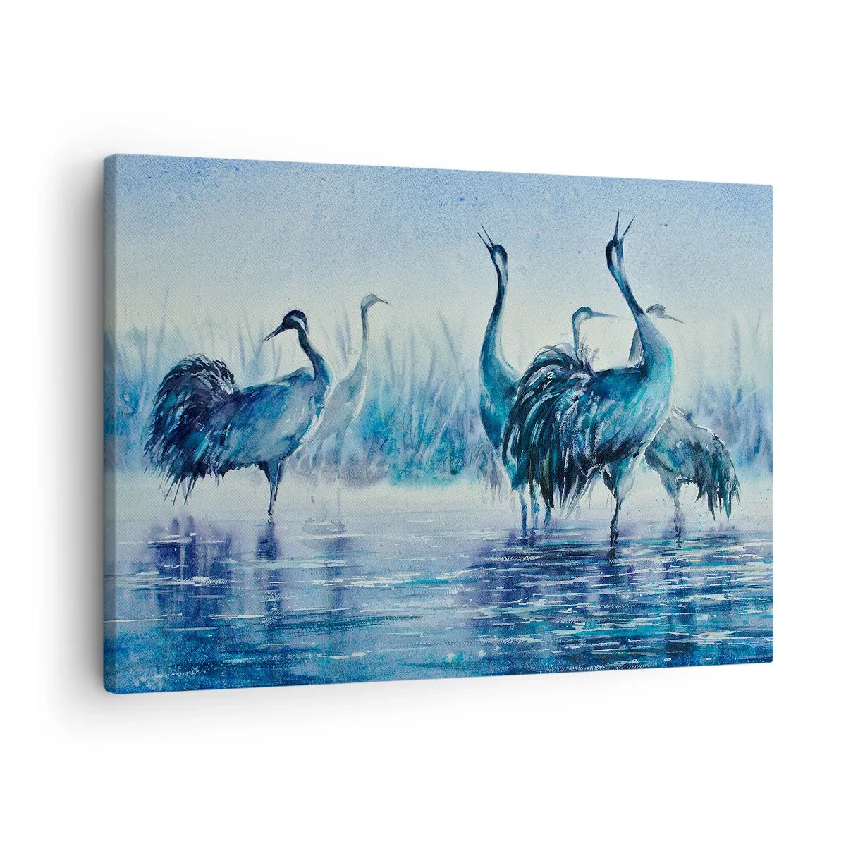 Schilderen op canvas - Kranen tegen de achtergrond van mist en water in blauwe tinten - 70x50cm - Ochtendvergadering - Moderne wanddecoratie voor woonkamer en slaapkamer ARTTOR