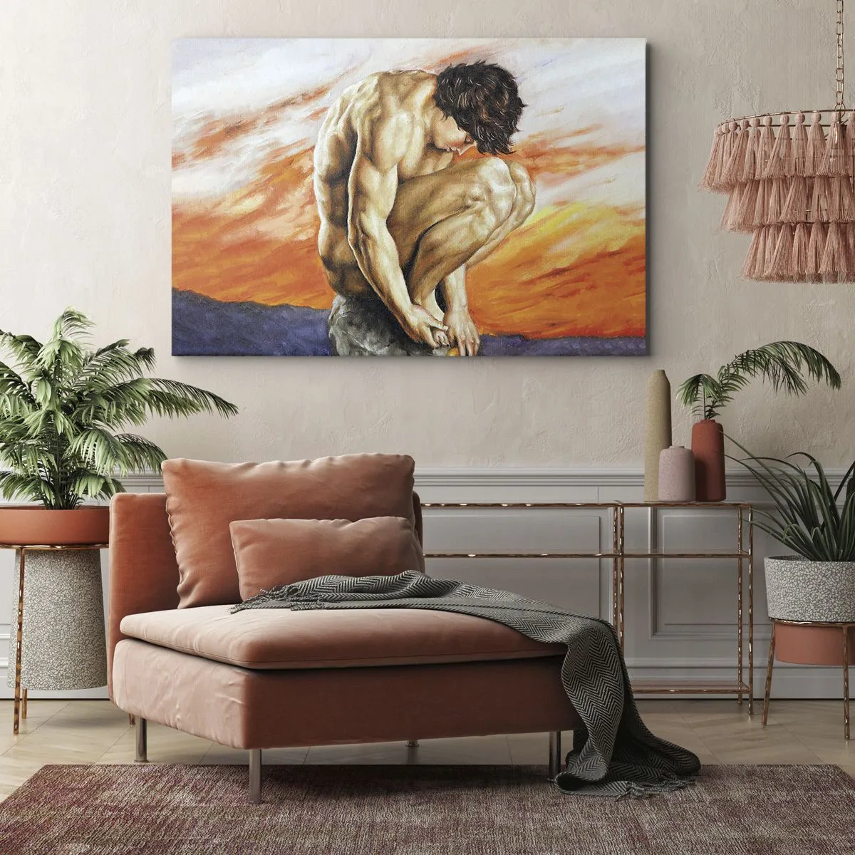 Schilderen op canvas - Een man die in gedachten verzonken is tegen de achtergrond van een zonsondergang - 70x50cm - Ondergedompeld in zichzelf - Moderne wanddecoratie voor woonkamer en slaapkamer ARTTOR
