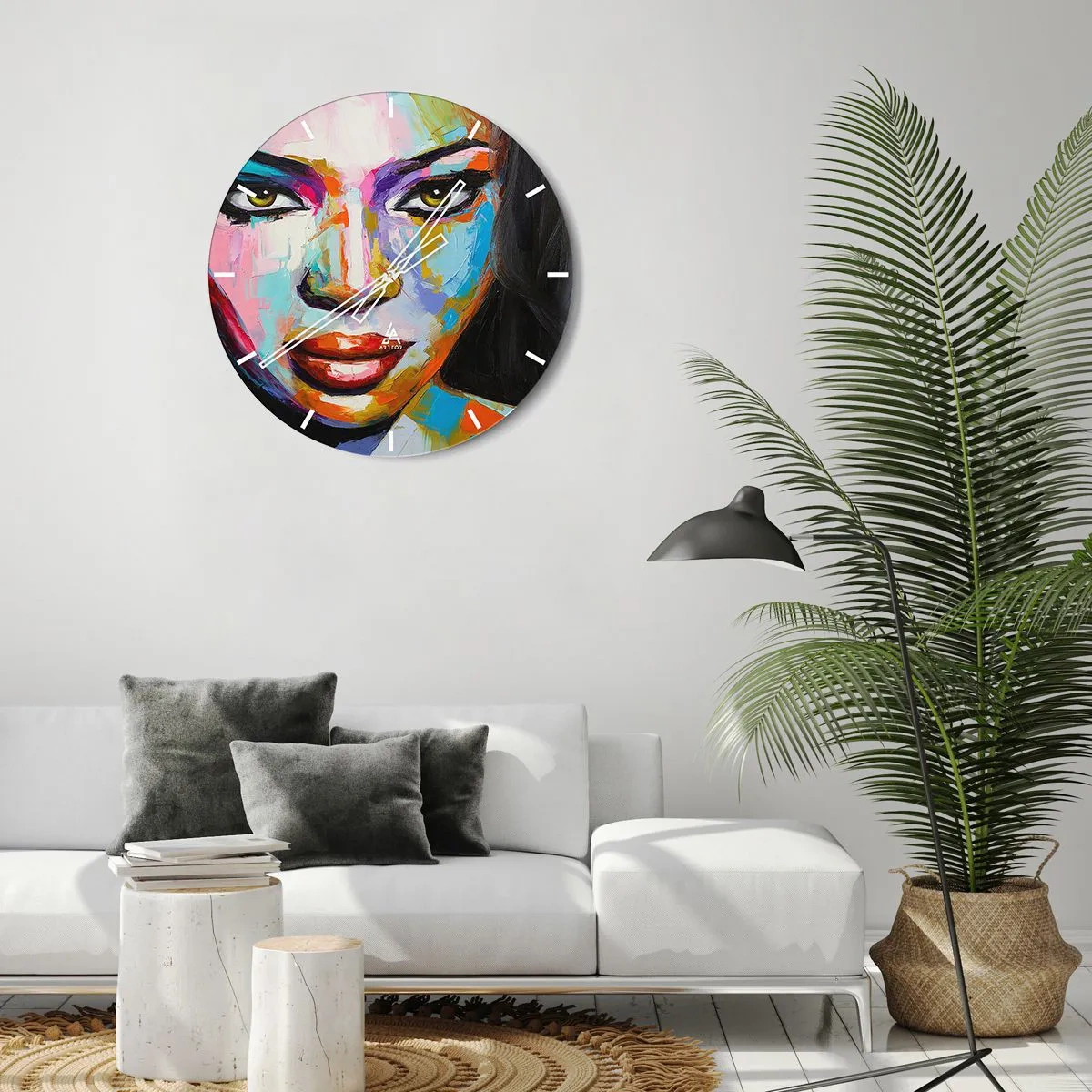 Wandklok - Klok - Een kleurrijk portret van een vrouw in intense kleuren - 30x30cm - Het is onmogelijk om je ogen af
