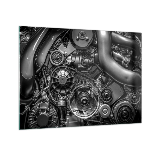 Schilderen op glas - Detail van een zwart-witte motor met zichtbare mechanismen - 70x50cm - De poëzie van mechanica - Moderne wanddecoratie voor woonkamer en slaapkamer ARTTOR