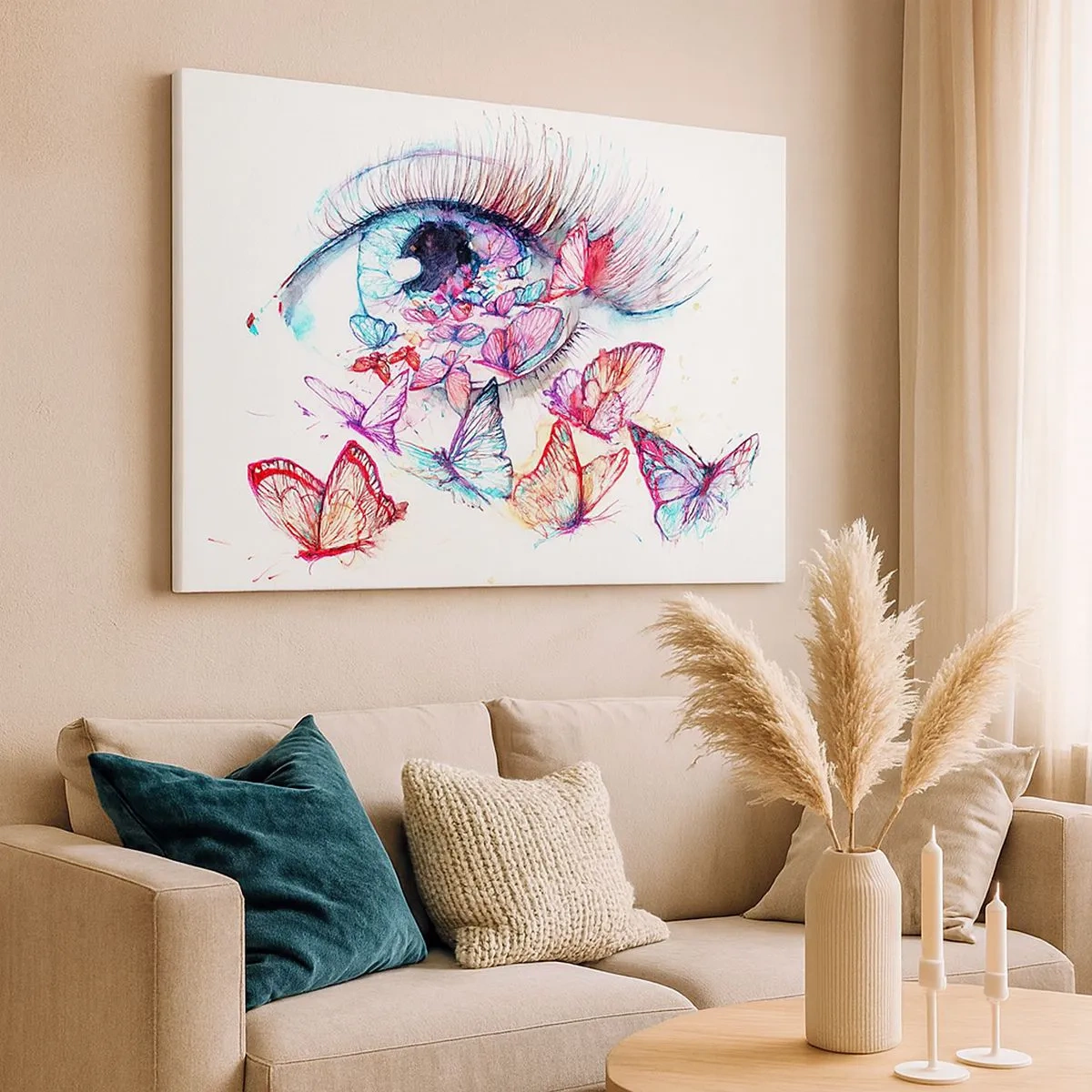 Schilderen op canvas - Een aquareloog omringd door kleurrijke vlinders - 70x50cm - Sprookjesachtige ogen charme - Moderne wanddecoratie voor woonkamer en slaapkamer ARTTOR