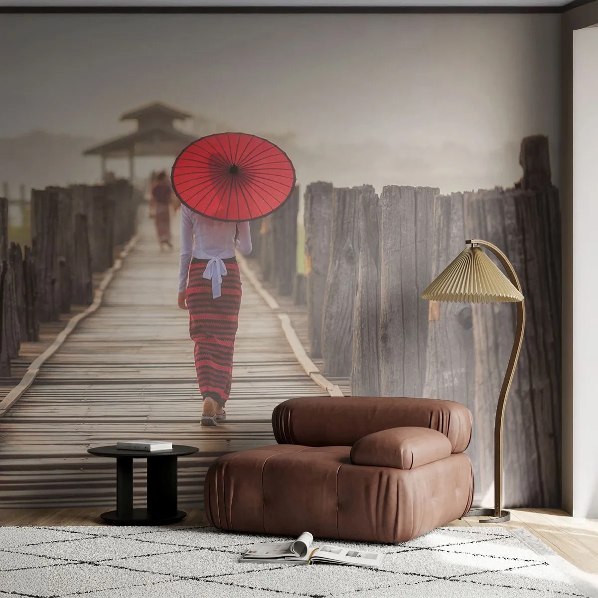 Fotobehang Standard Eco - Op de oude brug - Paraplu, Birma, Houten brug - 400x280 cm