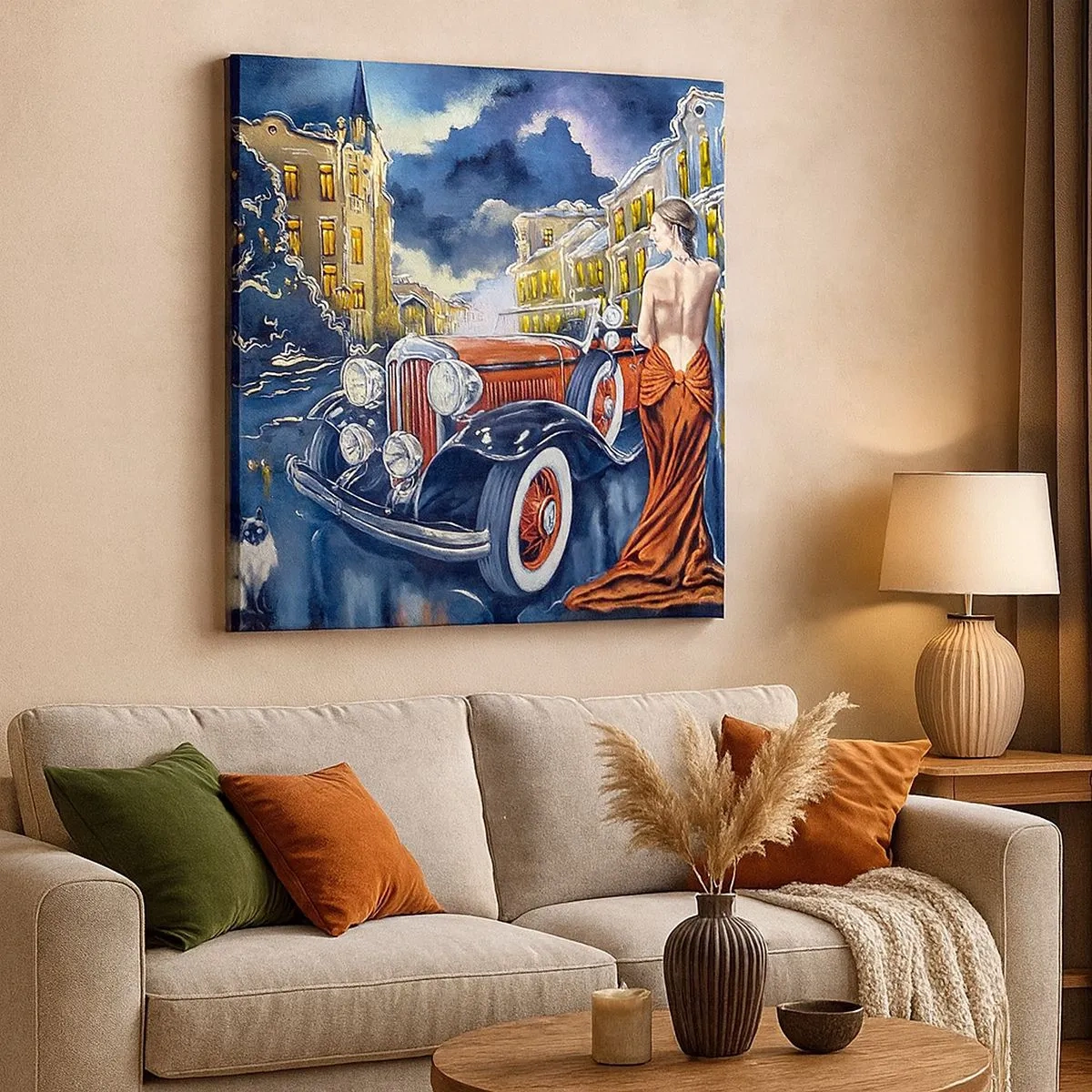 Schilderen op canvas - Nocturne in blauw en koraal - 30x30 cm