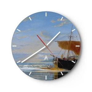 Wandklok - Klok - Een zeilschip aan de kust met mensen tegen de achtergrond van lucht en zee - 30x30cm - Water, bodem, lucht - Moderne wanddecoratie voor woonkamer, keuken en slaapkamer ARTTOR