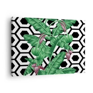 Schilderen op canvas - Tropische bladeren op een geometrische achtergrond - 70x50cm - Van nature een symmetrische compositie - Moderne wanddecoratie voor woonkamer en slaapkamer ARTTOR