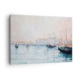 Schilderen op canvas - Schilderachtig uitzicht op de grachten met pastelkleurige boten - 70x50cm - Achter het water, achter de mist - Moderne wanddecoratie voor woonkamer en slaapkamer ARTTOR