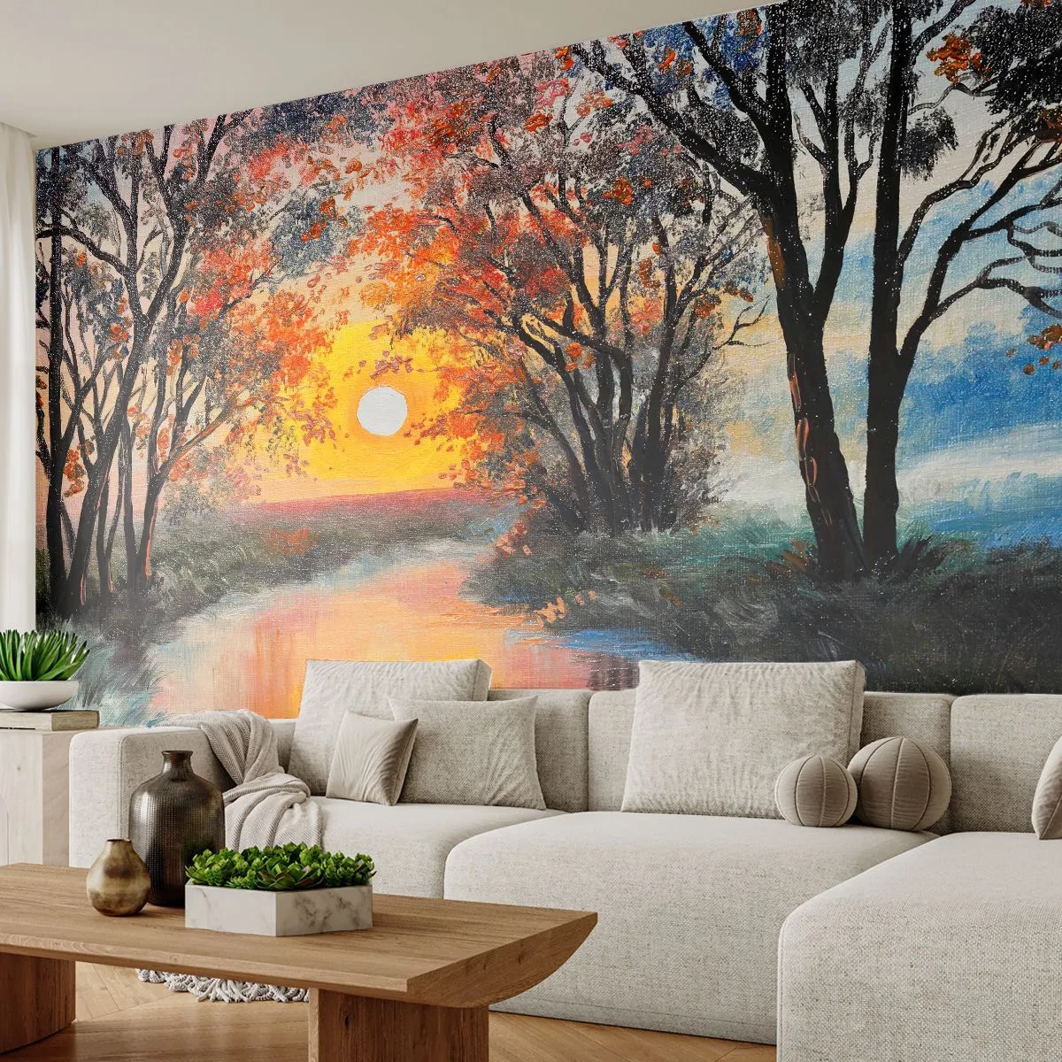 Fotobehang Standard Eco - Herfst vibes - Landschap, Rivier, Bomen - 300x210 cm