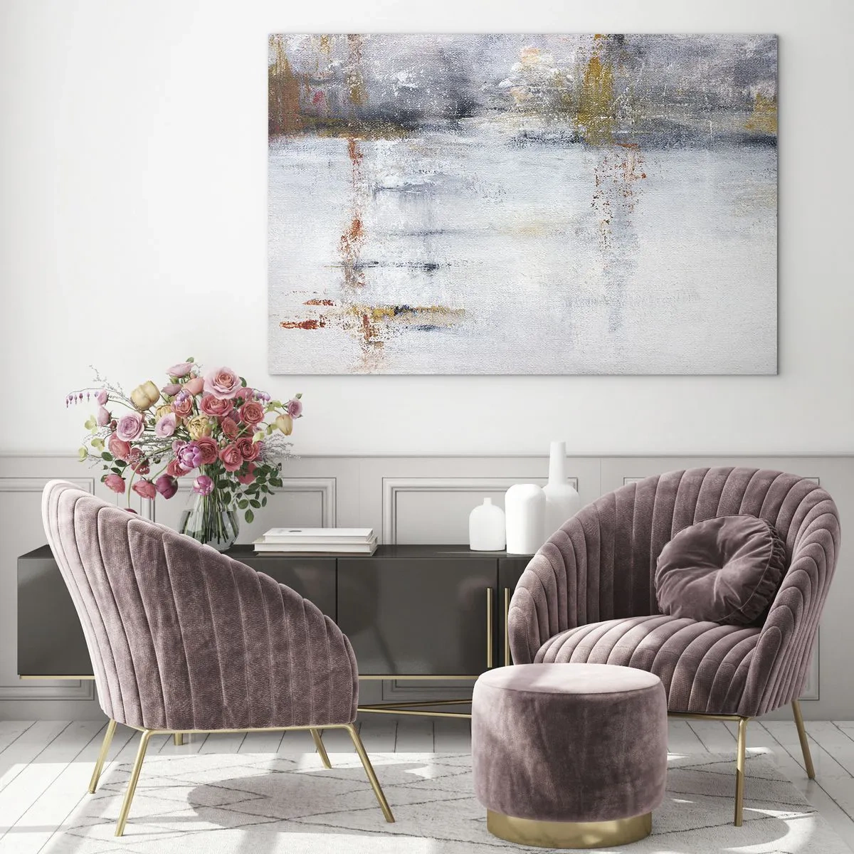 Schilderen op glas - Een abstract schilderij met een subtiele combinatie van grijs, wit en goud. - 70x50cm - Achter de luchtgordijn - Moderne wanddecoratie voor woonkamer en slaapkamer ARTTOR