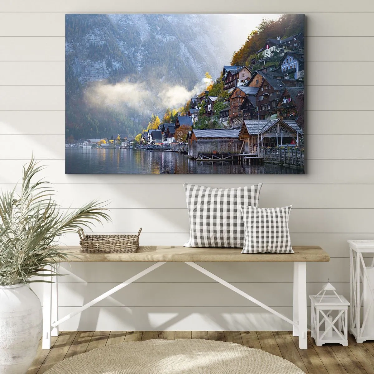 Schilderen op canvas - Een bergdorp aan een meer in een herfstlandschap - 70x50cm - Alpine sfeer - Moderne wanddecoratie voor woonkamer en slaapkamer ARTTOR