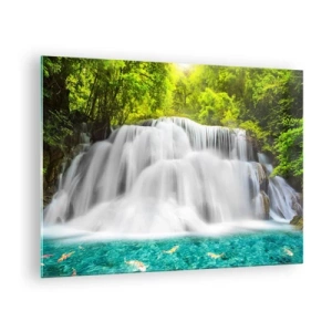 Schilderen op glas - Een waterval omgeven door groen met kristalhelder water - 70x50cm - Een schuimige waterval van groen naar azuurblauw - Moderne wanddecoratie voor woonkamer en slaapkamer ARTTOR