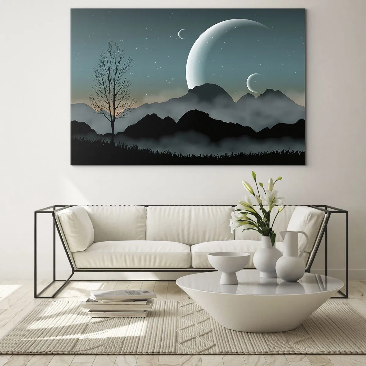 Schilderen op glas - Manen boven bergen met een eenzame boom en sterren - 70x50cm - Carneval in Sterrennacht - Moderne wanddecoratie voor woonkamer en slaapkamer ARTTOR