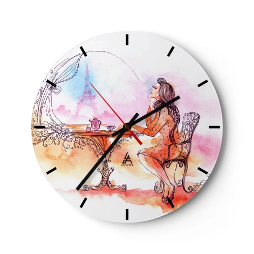 Wandklok - Klok - Een vrouw aan een tafel met uitzicht op de Eiffeltoren in pastelkleuren - 30x30cm - Parijse chic - Moderne wanddecoratie voor woonkamer, keuken en slaapkamer ARTTOR