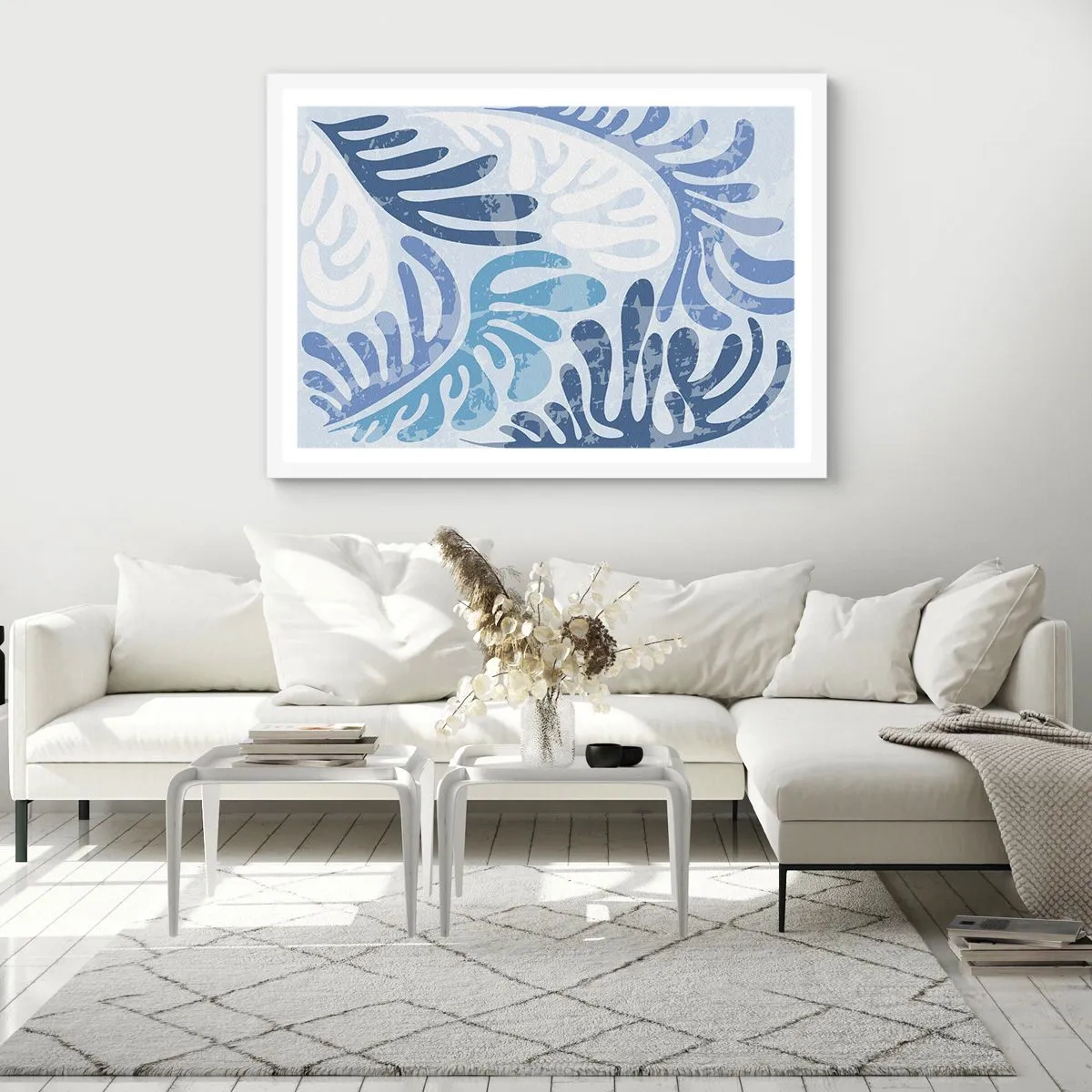 Poster in een witte lijst - Blauwe varens - 50x40 cm