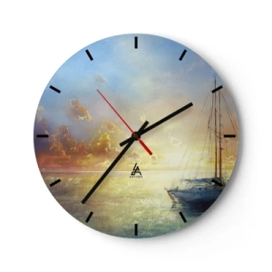 Wandklok - Klok - Een zeilboot op zee tijdens zonsondergang - 30x30cm - In een gouden baai - Moderne wanddecoratie voor woonkamer, keuken en slaapkamer ARTTOR