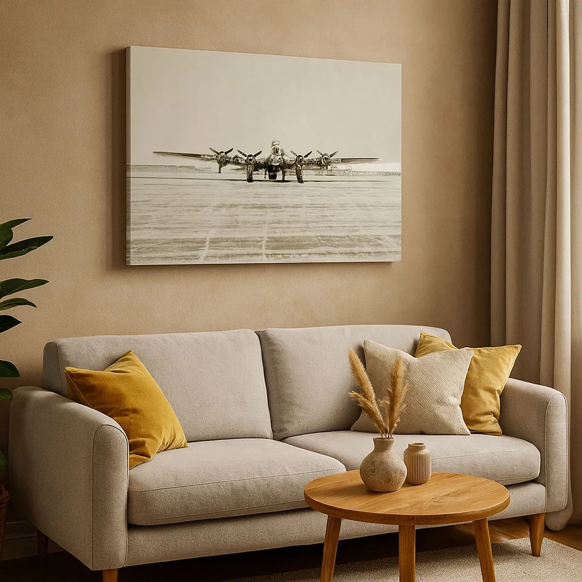 Schilderen op canvas - Historisch vliegtuig op de luchthaven in sepia - 70x50cm - Zoals altijd klaar - Moderne wanddecoratie voor woonkamer en slaapkamer ARTTOR