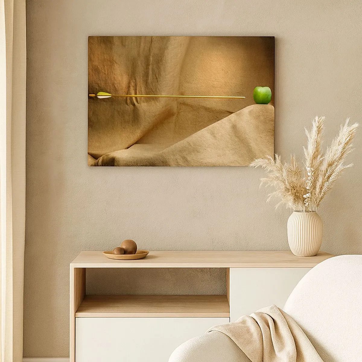 Schilderen op canvas - Groene appel op stof met een pijl die een compositie creëert - 70x50cm - Roep de geest van William Tell op - Moderne wanddecoratie voor woonkamer en slaapkamer ARTTOR