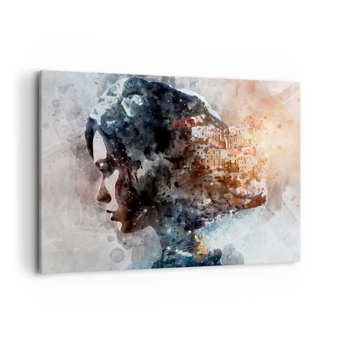 Schilderen op canvas - Een verhaal over een meisje met een stad op de achtergrond - 100x70 cm