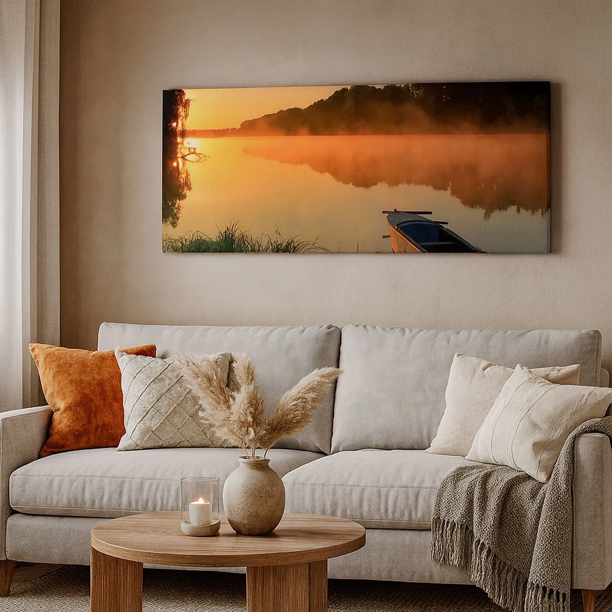 Schilderen op canvas - Zonsopgang boven het water als een spiegel - 100x40 cm