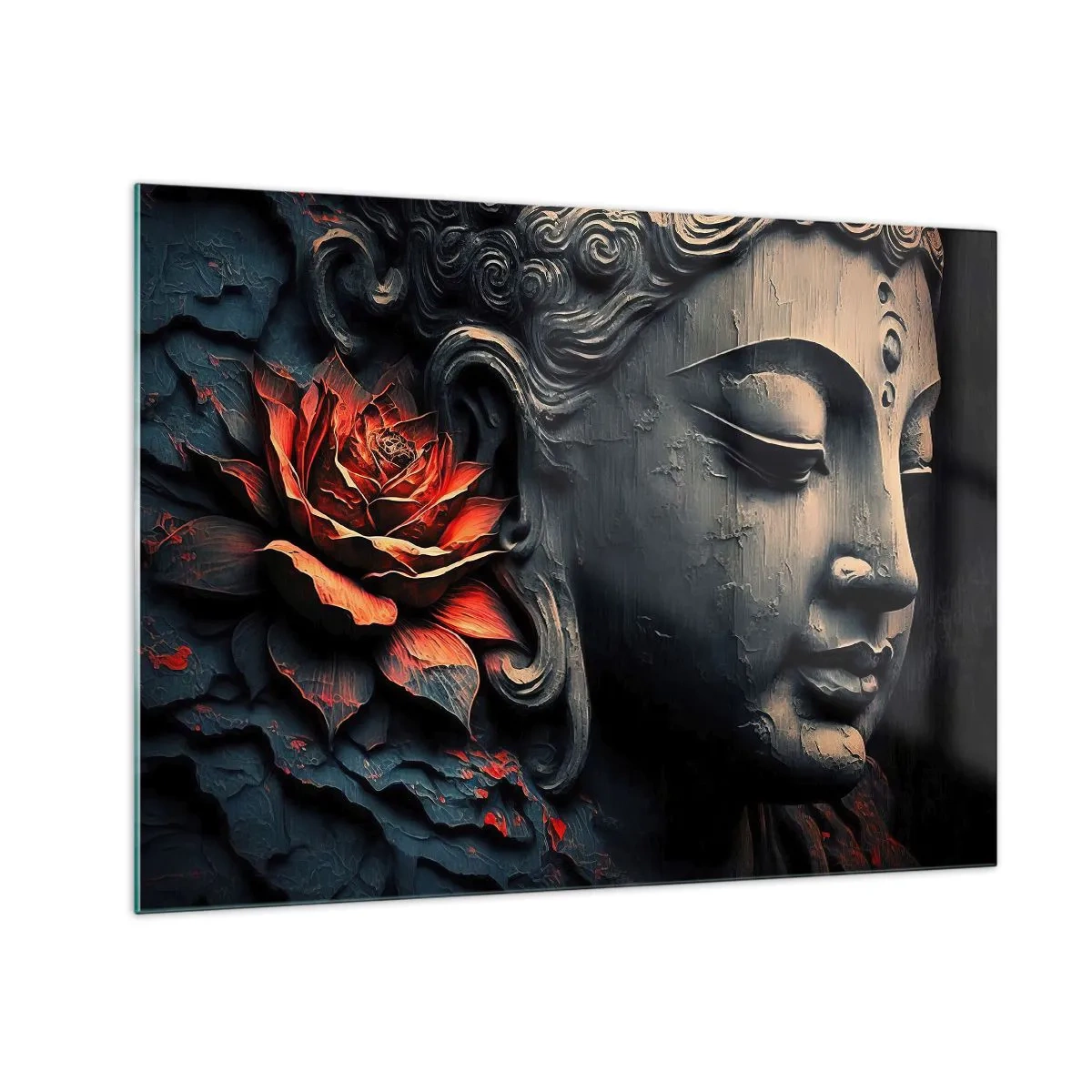 Schilderen op glas - Profiel van een mediterende figuur met een rode bloem tegen een donkere achtergrond. - 70x50cm - In harmonie met de wereld - Moderne wanddecoratie voor woonkamer en slaapkamer ARTTOR
