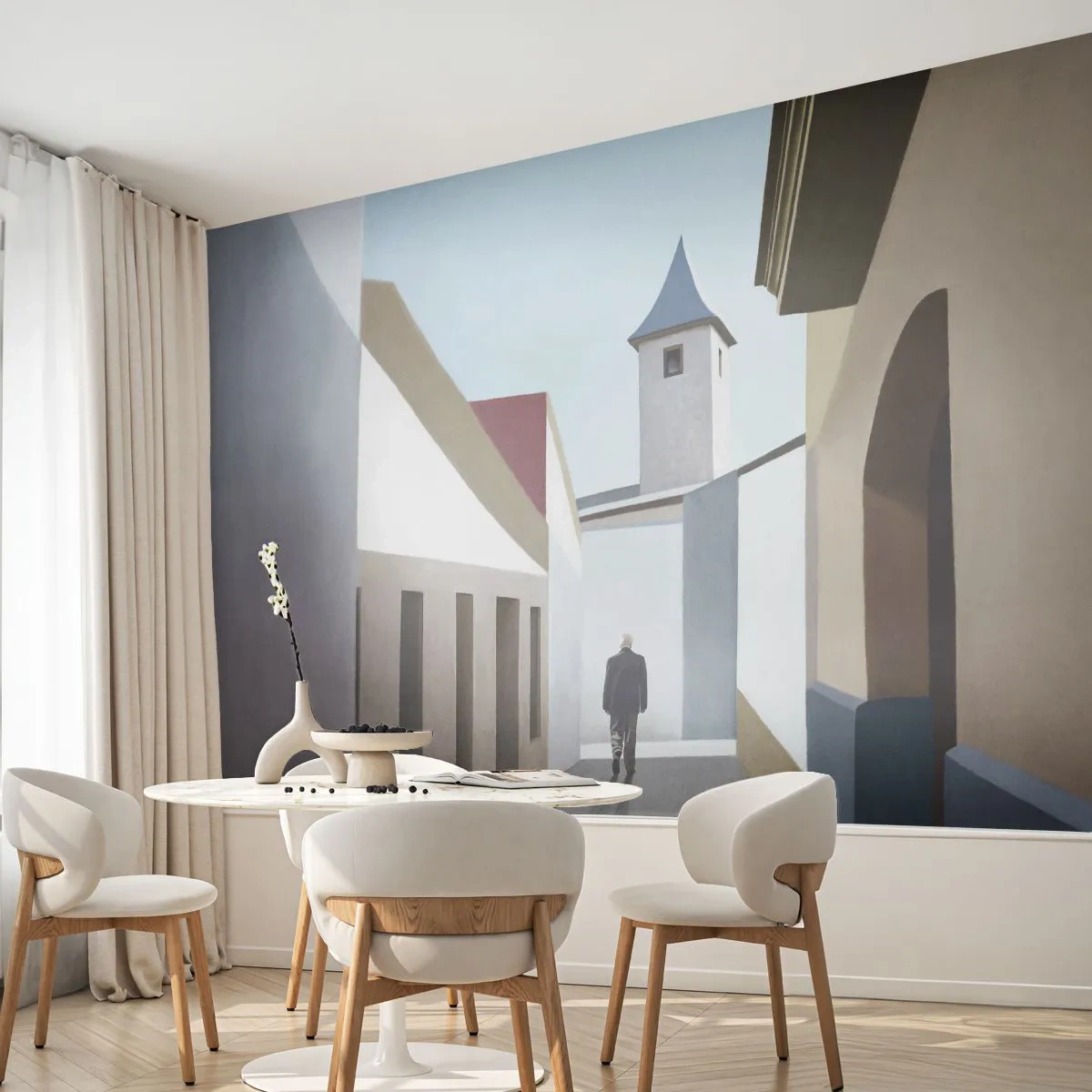 Zelfklevend Fotobehang Deluxe Sticker - Een zonnige wandeling - Pastel, Gebouwen, Architectuur - 300x210 cm