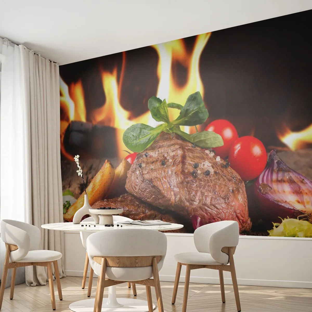Zelfklevend Fotobehang Deluxe Sticker - Opgewekt door hitte - Gastronomie, biefstuk, Vlammen van vuur - 400x280 cm
