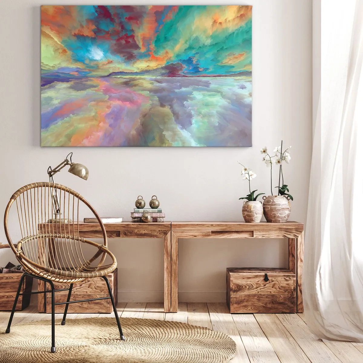 Schilderen op canvas - Kleurrijk wolkenlandschap in abstracte stijl - 70x50cm - Twee hemelen - Moderne wanddecoratie voor woonkamer en slaapkamer ARTTOR