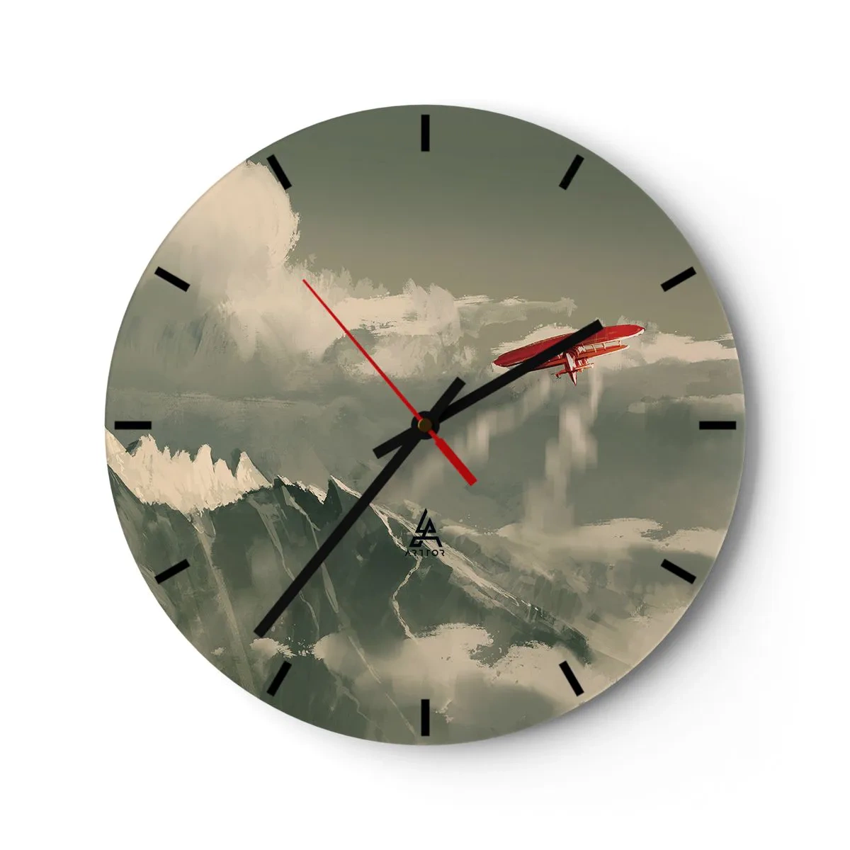 Wandklok - Klok - Een rood dubbeldekkervliegtuig vliegt over besneeuwde bergen - 30x30cm - Onverschrokken pionier - Moderne wanddecoratie voor woonkamer, keuken en slaapkamer ARTTOR