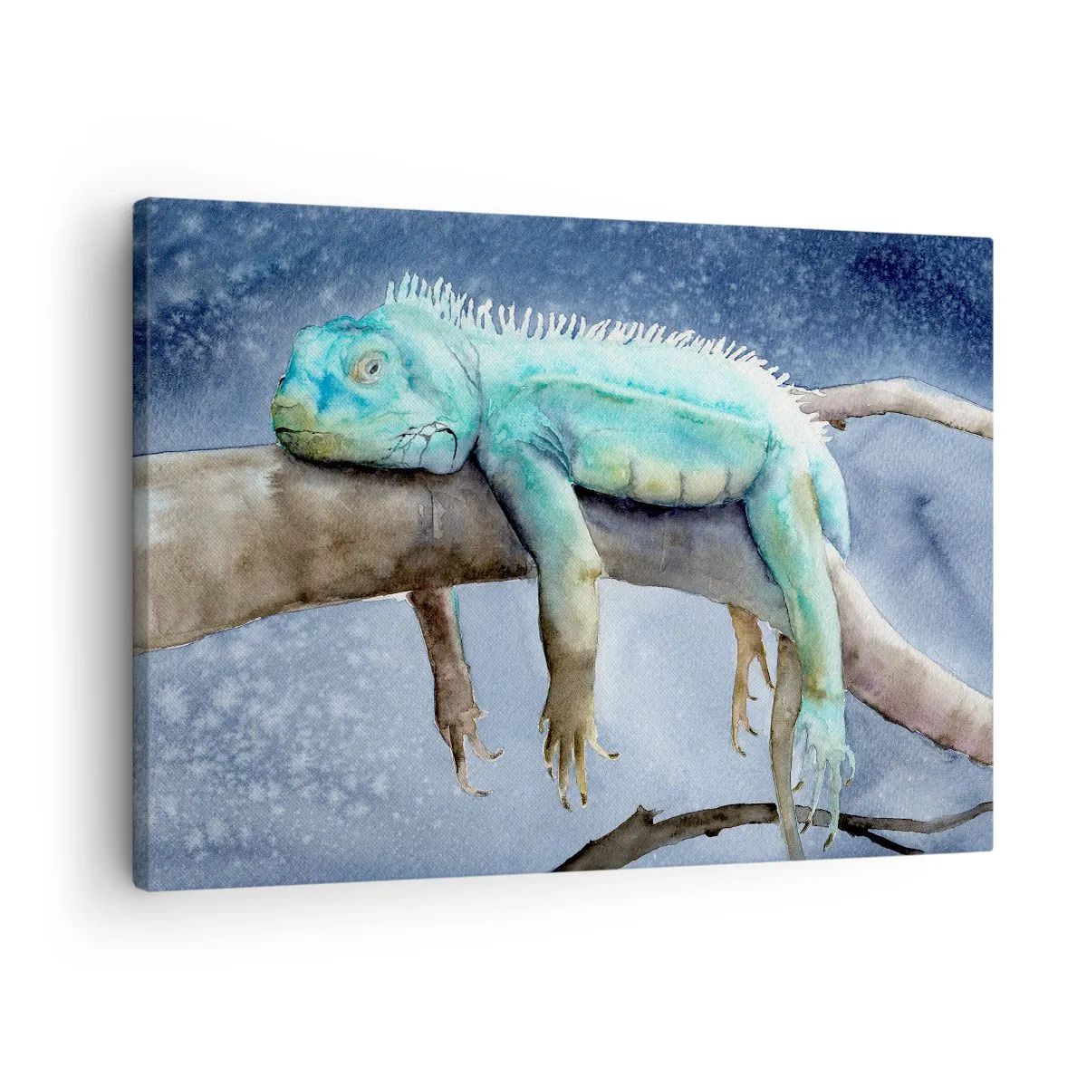 Schilderen op canvas - Blauwe leguaan rustend op een tak - 70x50cm - Het is goed! - Moderne wanddecoratie voor woonkamer en slaapkamer ARTTOR
