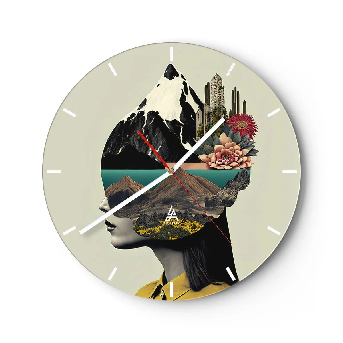 Wandklok - Klok - Artistiek portret van een vrouw met een landschap en bloemen in haar hoofd - 30x30cm - Vrouw – altijd een mysterie - Moderne wanddecoratie voor woonkamer, keuken en slaapkamer ARTTOR