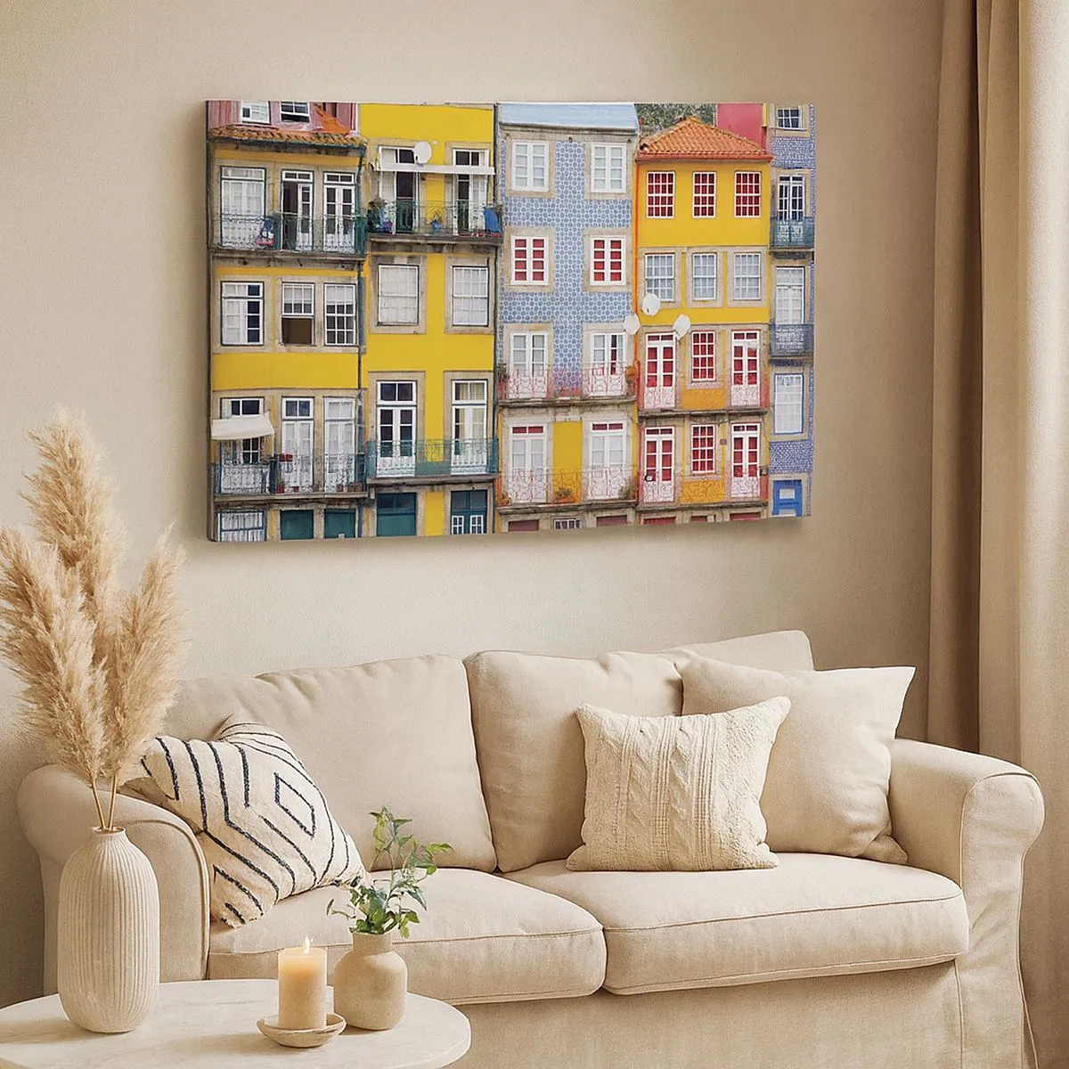 Schilderen op canvas - Kleurrijke gevels van huurkazernes in het stedelijk landschap - 70x50cm - De kleuren van de oude stad - Moderne wanddecoratie voor woonkamer en slaapkamer ARTTOR