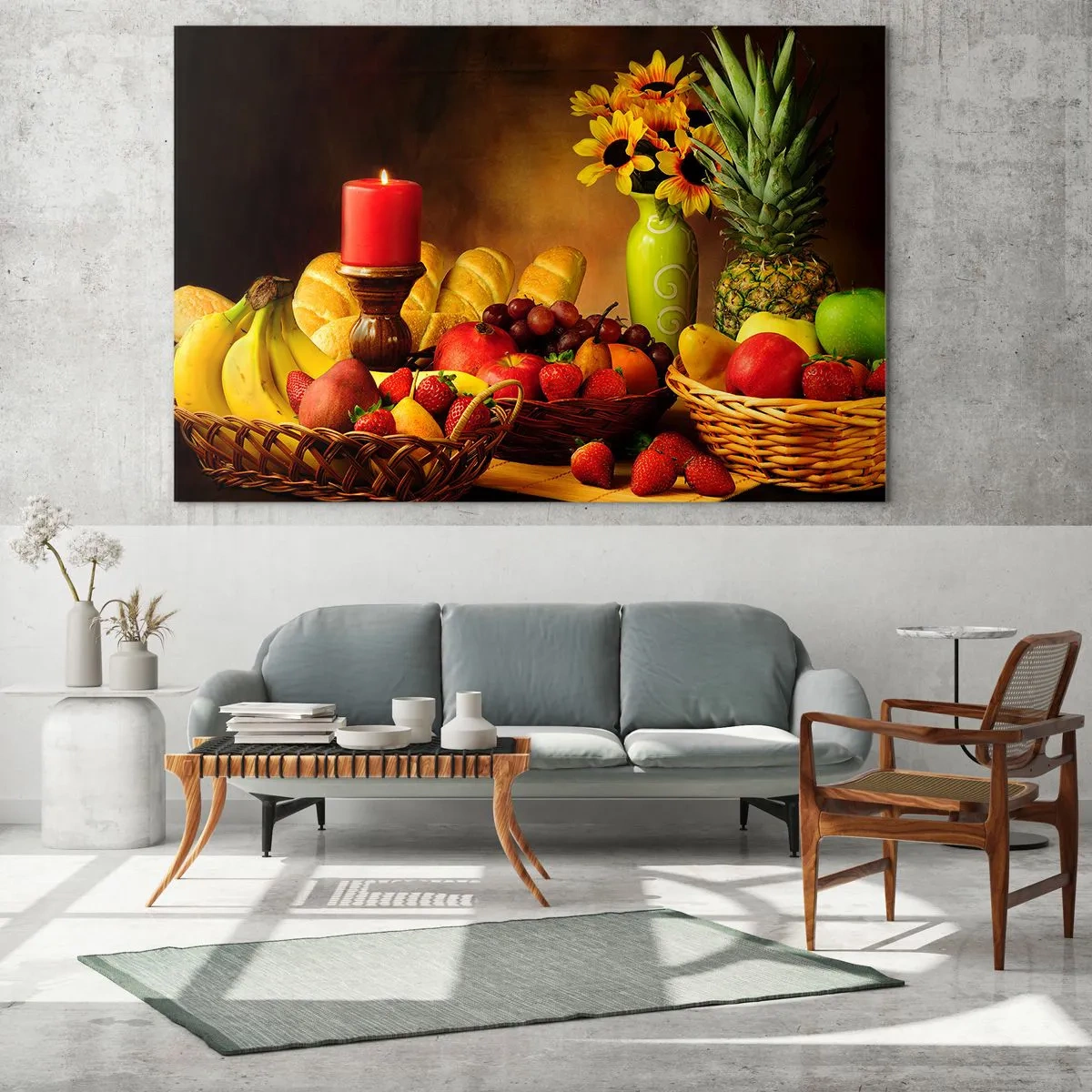 Schilderen op glas - Stilleven met brood en fruit - 120x80 cm