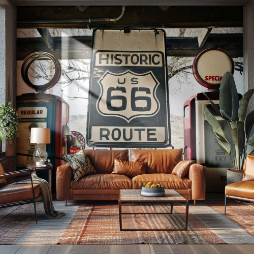 Fotobehang Premium Canvas - Amerikaanse retro reis - Vintage, Route 66, Route 66 - 500x350 cm