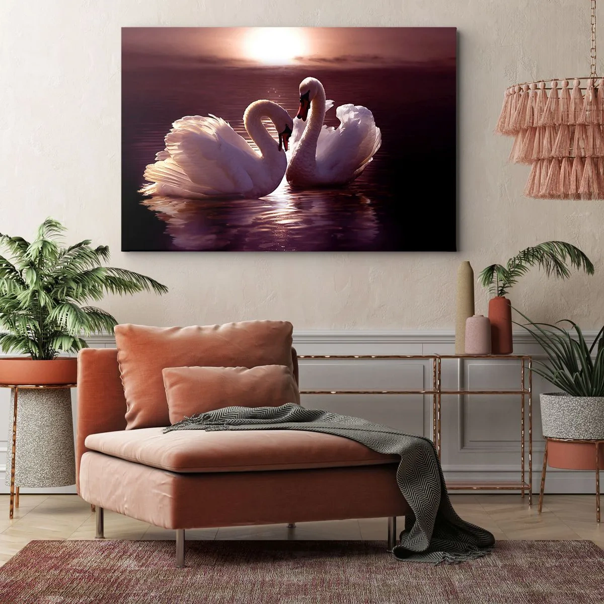 Schilderen op canvas - Twee zwanen op een kalm meer bij zonsondergang - 70x50cm - Tot de dood ons scheidt - Moderne wanddecoratie voor woonkamer en slaapkamer ARTTOR