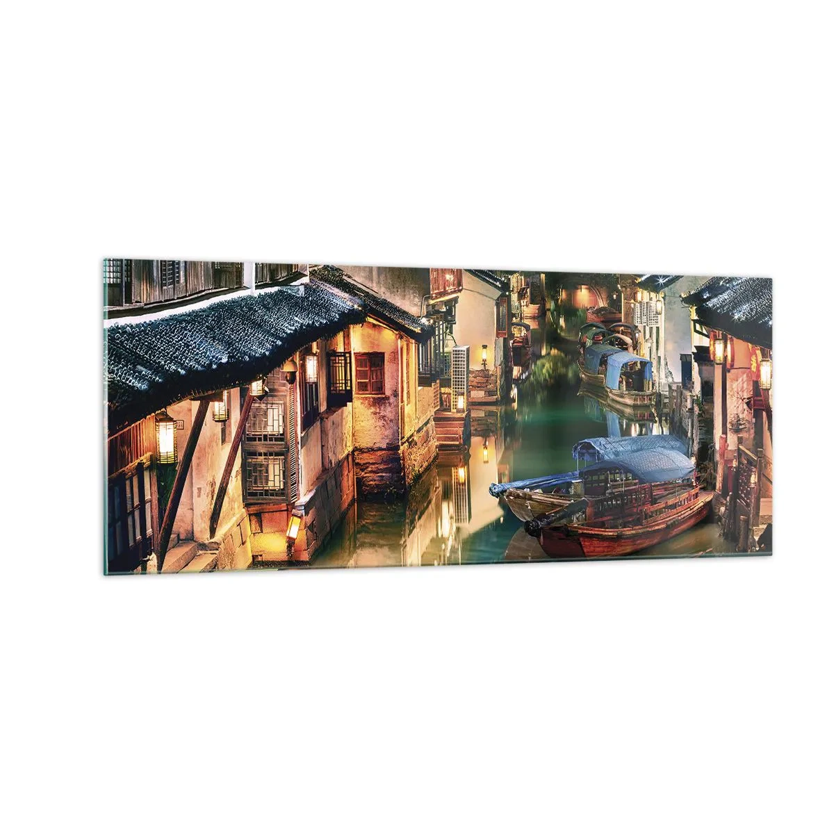 Schilderen op glas - Een avond op een Chinese straat - 100x40 cm