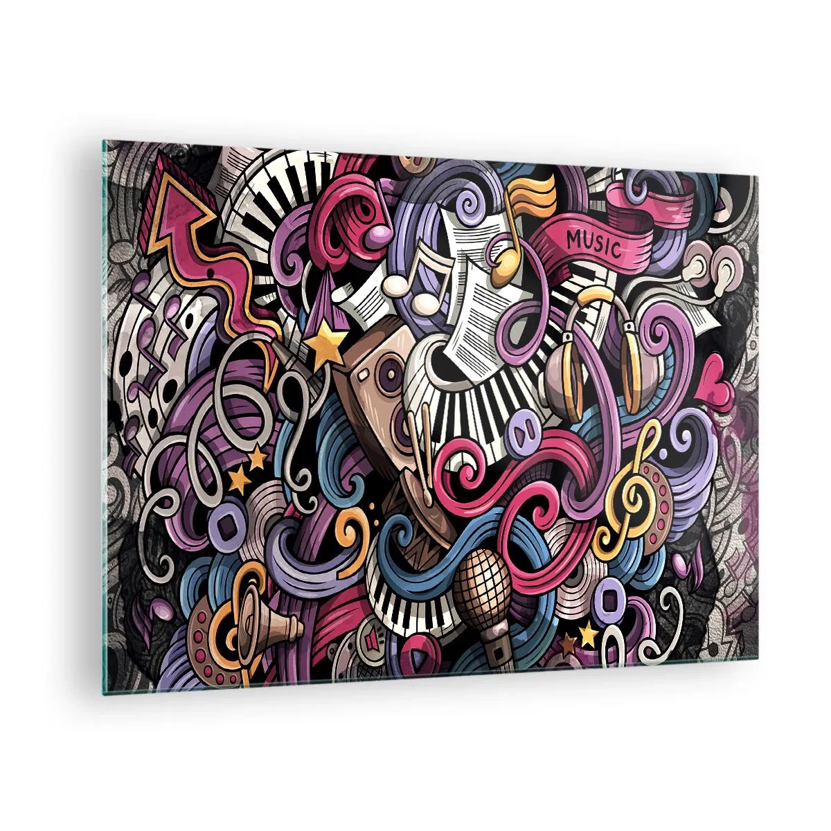 Schilderen op glas - Kleurrijke muzikale thema's met noten en instrumenten - 70x50cm - Ingewikkelde melodie - Moderne wanddecoratie voor woonkamer en slaapkamer ARTTOR
