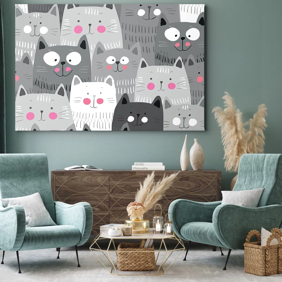 Schilderen op canvas - Een leuk patroon met katten in grijstinten - 70x50cm - De wereld van de kat - Moderne wanddecoratie voor woonkamer en slaapkamer ARTTOR