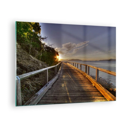 Schilderen op glas - Houten loopbrug bij zonsondergang - 70x50cm - Ga, blijf naar de zon gaan - Moderne wanddecoratie voor woonkamer en slaapkamer ARTTOR