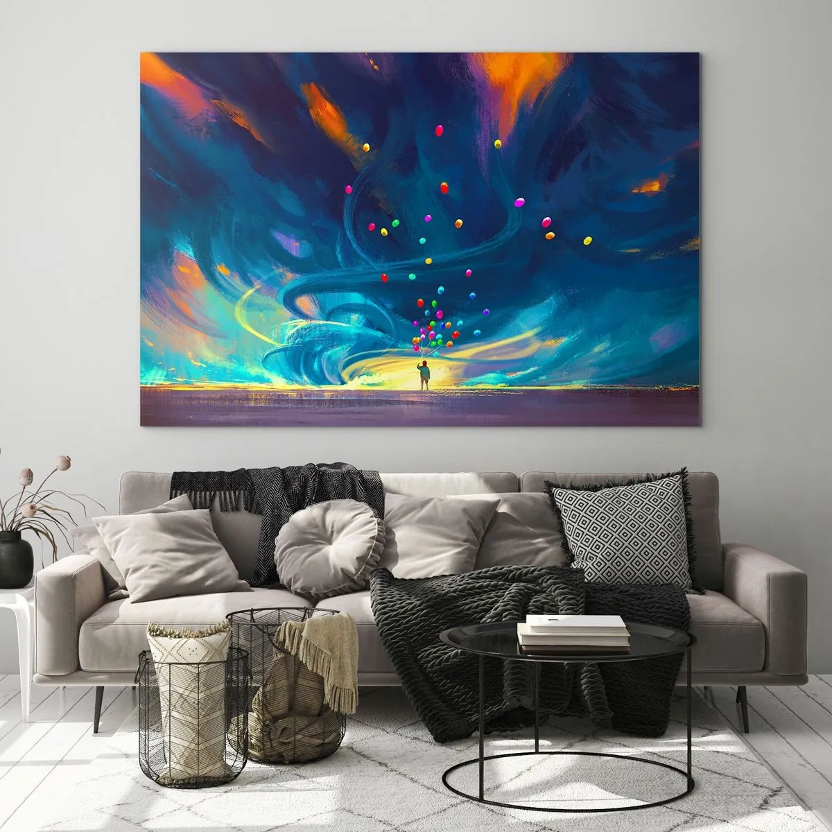 Schilderen op glas - Een persoon houdt kleurrijke ballonnen vast tegen een blauwe achtergrond. - 70x50cm - Naar de blauwe wind - Moderne wanddecoratie voor woonkamer en slaapkamer ARTTOR