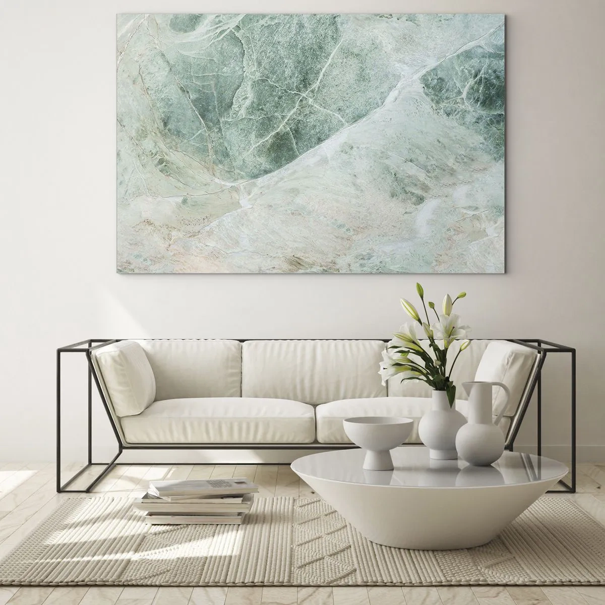 Schilderen op glas - Groen-beige textuur die lijkt op natuursteen - 70x50cm - De nobele kou van steen - Moderne wanddecoratie voor woonkamer en slaapkamer ARTTOR