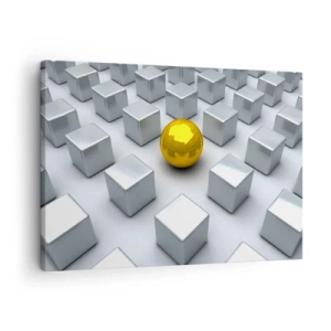Schilderen op canvas - Een gouden bol die opvalt tussen de zilveren kubussen - 70x50cm - Waarom ik? Geometrische compositie - Moderne wanddecoratie voor woonkamer en slaapkamer ARTTOR