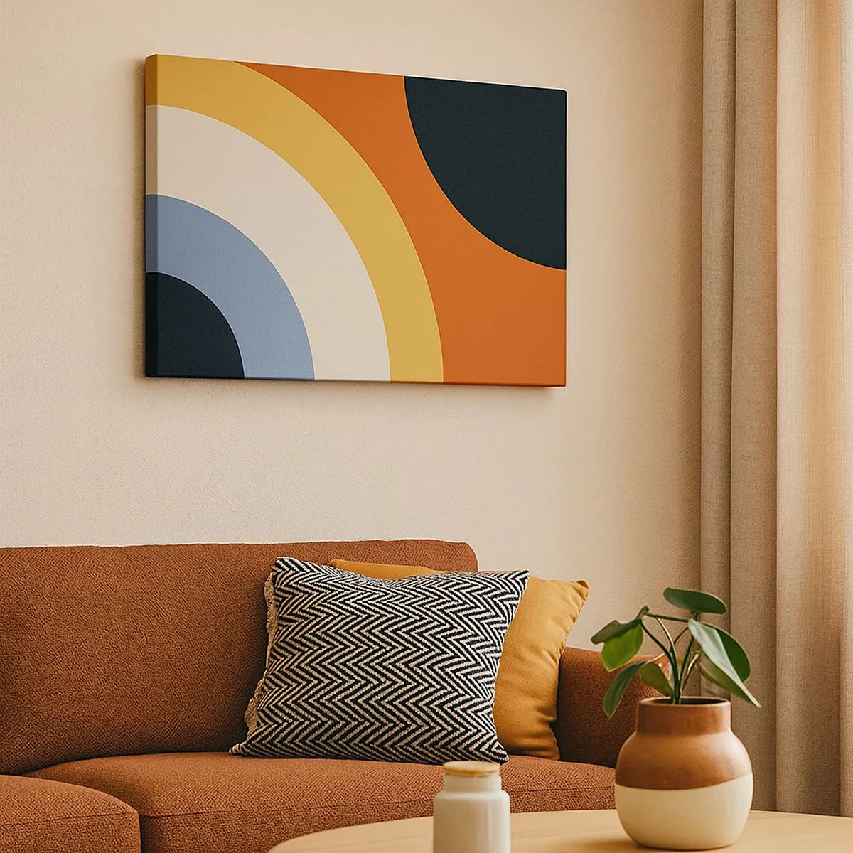 Schilderen op canvas - Abstract kunstwerk met kleurrijke bogen en contrasterende cirkels - 70x50cm - Naar mezelf toe - Moderne wanddecoratie voor woonkamer en slaapkamer ARTTOR