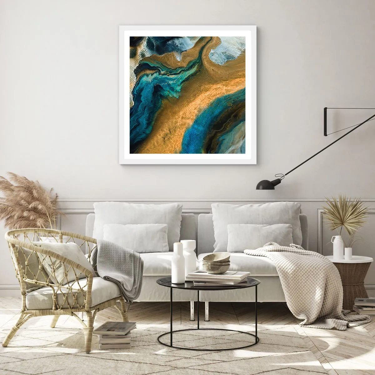 Poster in een witte lijst - Blauw - geel - wederzijdse invloeden - 40x40 cm