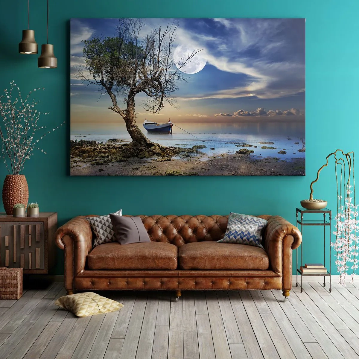Schilderen op canvas - Een eenzame boom en een boot op kalm water onder volle maan. - 70x50cm - Is dit het einde of het begin? - Moderne wanddecoratie voor woonkamer en slaapkamer ARTTOR