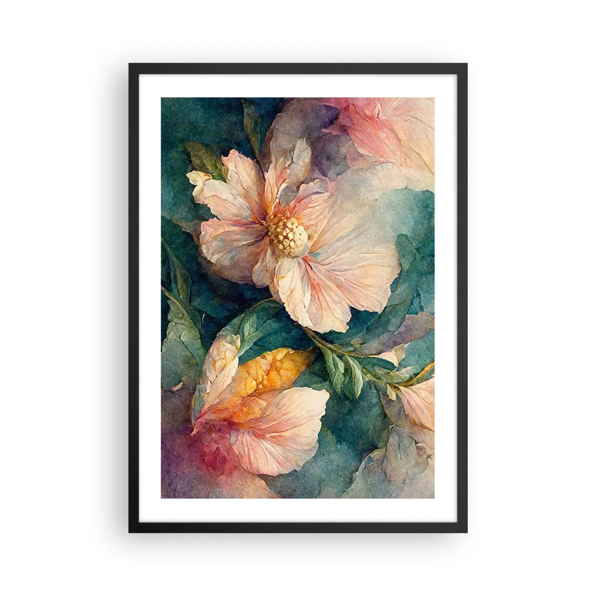 Poster in een zwarte lijst - Delicate bloemen in aquarelstijl - 50x70cm - Gewoon subtiliteit - Moderne wanddecoratie voor woonkamer en slaapkamer ARTTOR