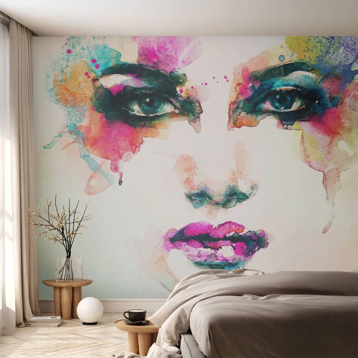 Fotobehang Premium Sand - Een portret geschilderd met een regenboog - Abstractie, Het gezicht van de vrouw, Deel - 400x280 cm