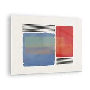 Schilderen op glas - Geometrische compositie met rode en blauwe rechthoeken - 70x50cm - De geest en de letter van de geometrie - Moderne wanddecoratie voor woonkamer en slaapkamer ARTTOR