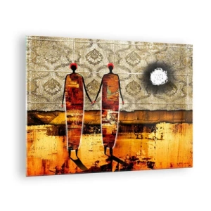 Schilderen op glas - Twee abstracte figuren tegen een achtergrond van ornamenten en gouden tinten - 70x50cm - Etnische compositie in de kleuren van Afrika - Moderne wanddecoratie voor woonkamer en slaapkamer ARTTOR