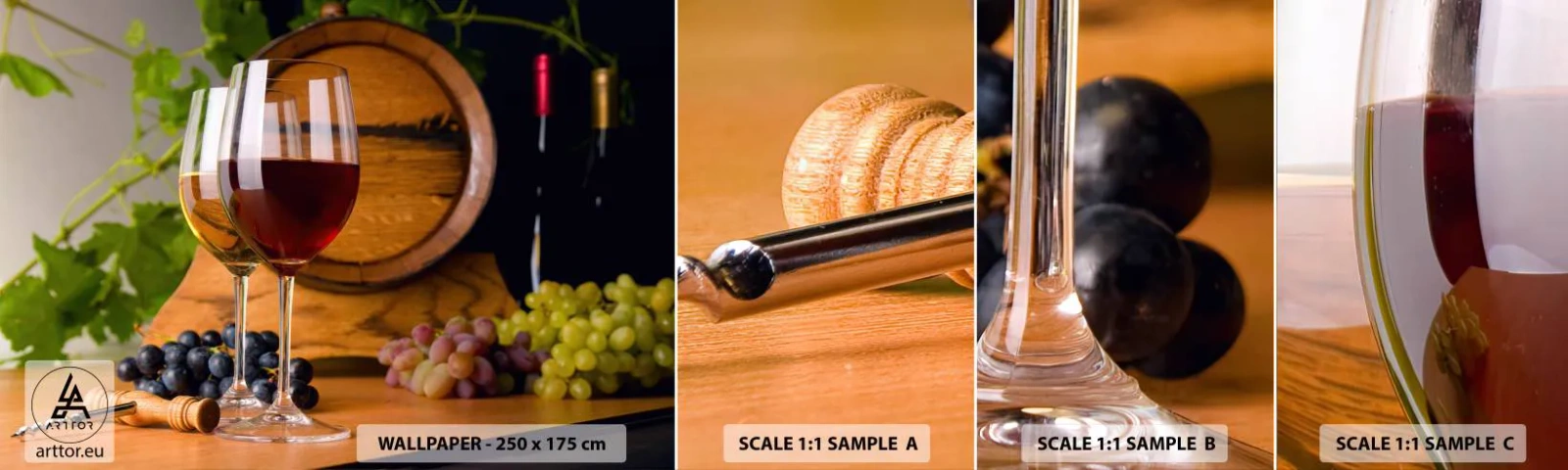 Fotobehang Monster Zelfklevend Deluxe Sticker - Net als de oude meesters - Wijnvat, Druif, Een glas wijn - 100x30 cm