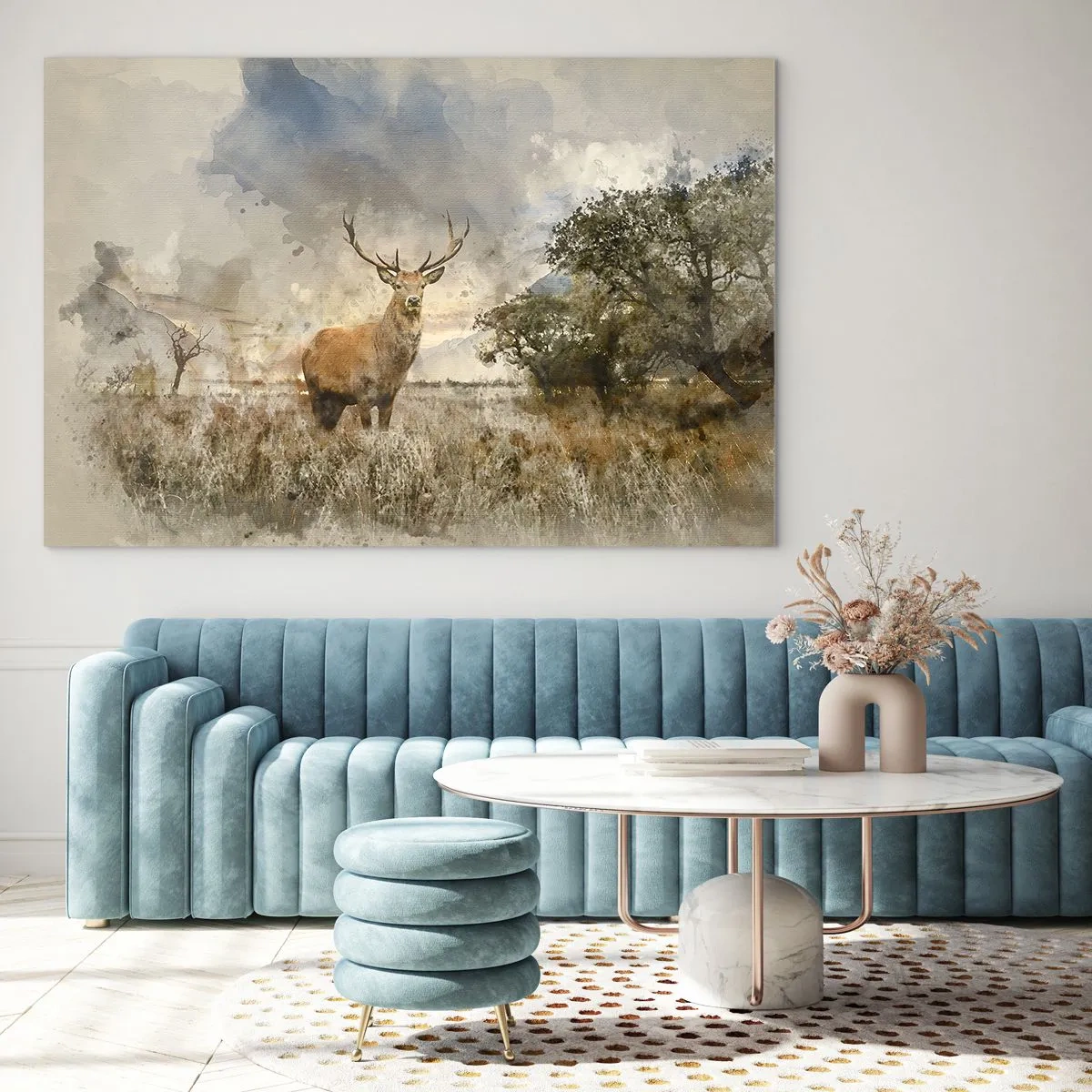 Schilderen op glas - Een hert in een natuurlijk landschap met subtiele kleuren op de achtergrond - 70x50cm - Waardigheid - kracht - waardigheid - Moderne wanddecoratie voor woonkamer en slaapkamer ARTTOR